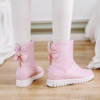 春秋冬甜美靴子蝴蝶结粉色韩版中童平跟公主短靴女孩防水皮靴大童