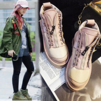 CAETIENT2017年秋冬新款蕾哈娜同款高帮运动风秋冬女鞋圆头真皮拼接厚底松糕休闲鞋