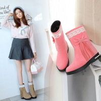 韩版蝴蝶结蕾丝平底甜美鞋舒适淑女大童中童短靴小学生秋冬靴子