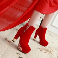 秋冬季红色婚靴粗跟婚鞋新娘鞋高跟鞋子冬天水钻鞋短靴结婚女靴子