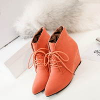 秋冬新款靴子女欧美磨砂系带尖头坡跟短靴女靴休闲高跟马丁靴子