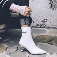 欧洲站2017新款短靴女秋冬欧美百搭真皮中跟尖头鞋细跟裸靴子