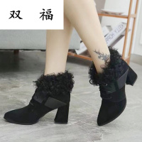 韩版磨砂真皮羊卷毛口尖头粗高跟女式短靴SW流行风时装靴子中老年妈妈鞋