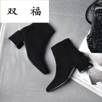 2017秋冬新款欧美时尚潮流裸靴同款粗跟牛皮简约短靴女鞋