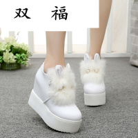 冬季可爱兔耳朵毛毛鞋内增高厚底兔毛坡跟短筒雪地靴女短靴棉鞋子D0015F1白色偏小半码