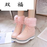 16新款冬季厚底平底粉色加绒加厚带毛毛雪地靴内增高短靴女靴子棉鞋大码40-43