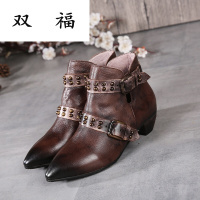 2017秋冬短靴女欧美风复古真皮柳钉尖头中跟皮带扣及踝靴裸靴中老年妈妈鞋咖色