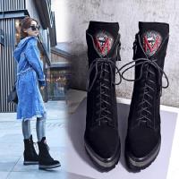 新款秋冬真皮靴牛皮靴短靴系带马丁靴厚底靴个性女靴百搭靴坡跟靴黑色