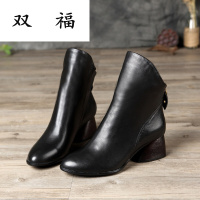 女鞋秋冬时尚新款2017头层牛皮中跟简约后拉链倒靴全皮短靴中老年妈妈鞋黑色