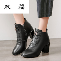 2017秋冬装新款粗跟中高跟短靴欧美时尚圆头系带真皮舒适女皮靴子