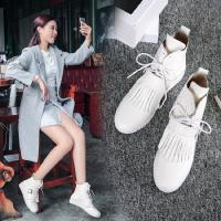 秋冬新款韩版真皮吊坠流苏靴内增高坡跟短靴纽扣平底女靴子马丁靴