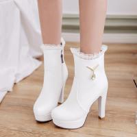 韩版甜美淑女少女公主马丁靴蕾丝边水钻短靴2017秋季女靴超高跟鞋