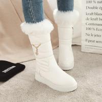 白色靴子女秋冬新款中筒靴平底装饰链毛毛加绒保暖粉色雪地靴女黑色(冬季加厚毛)