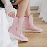 韩版靴子女孩学生鞋粉色公主鞋单靴毛靴大童马丁靴内增高中筒靴