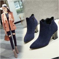 2017秋冬季真皮中跟短靴磨砂韩版工作马丁靴潮及裸靴粗跟拉链女靴