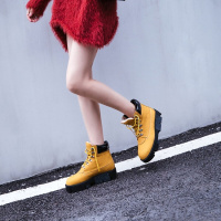CAETIENT2017秋冬真皮厚底松糕女单鞋高帮休闲登山靴平底板鞋绑带马丁裸靴