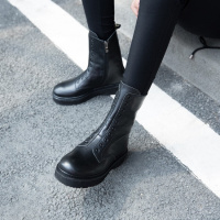 CAETIENT2017秋冬新款真皮女鞋粗跟短靴女中跟圆头中筒靴子欧美休闲机车靴黑色