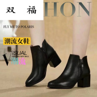 2017秋冬时尚女靴欧美流行粗跟头层牛皮百搭经典女式短靴子中老年妈妈鞋黑色