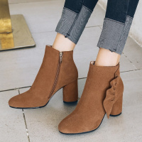 2017秋冬新款短靴子时尚真皮圆头粗高跟女靴磨砂牛皮活页边靴子