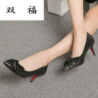 蝴蝶结女鞋2017秋季新款中细跟尖头羊皮女式单鞋皮鞋中老年妈妈鞋黑色