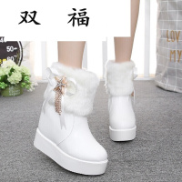 冬季雪地靴冬天白色棉鞋中筒靴高跟厚底平底女靴子韩版百搭毛毛靴D0015