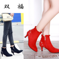 中式婚礼新娘鞋红色细跟7cm短靴女春秋尖头马丁靴串珠及踝靴单靴