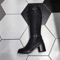 女鞋2017新款圆头金属皮带扣绒里粗跟侧拉链长筒骑士靴6cm黑lack