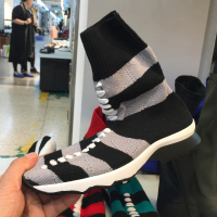 女鞋2017新款圆头针织弹力条纹拼色套筒平底短靴袜子靴