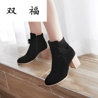 韩版甜美蝴蝶结粗跟短靴子女春秋单靴侧拉链磨砂皮马丁靴高跟女靴