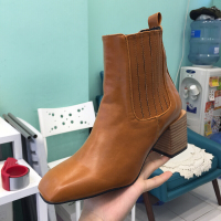 女鞋2017秋新款欧美方头松紧带套筒粗高跟短靴马丁靴