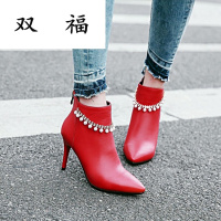 韩版优雅尖头短靴女后拉链水钻串珠女鞋春秋冬马丁靴红色婚鞋女靴