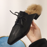 女鞋2017新款尖头欧美系带马蹄跟粗跟包头毛毛半拖鞋