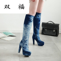 2017新款牛仔靴粗跟高筒布面女靴子蓝色拉链冬季防水台靴子