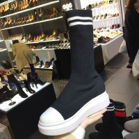 女鞋2017新款圆头毛线条纹拼色套筒松糕厚底中筒袜子靴