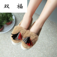 2017冬季中口女鞋子厚底松糕鞋拼色流苏毛毛鞋保暖低帮鞋中跟棉鞋