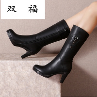 足力健康鞋冬季新款中筒靴子真皮女40码加绒皮靴女百搭高跟软皮高靴棉鞋