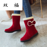 韩版甜美蝴蝶结短靴平底跟套筒保暖毛靴冬大棉鞋小学生初中生靴子