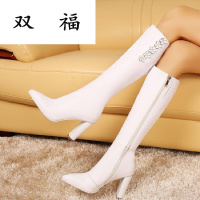 优雅显瘦高筒靴女真皮粗跟高跟靴冬季绒里保暖女靴子欧美风尖头靴