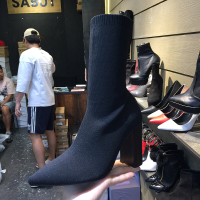 女鞋2017秋新款显瘦尖头针织弹力套筒粗高跟中筒袜子靴