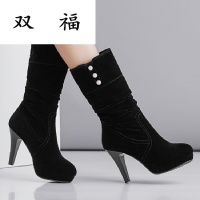 珍珠小圆头细跟短筒靴2017秋冬女靴子黑色绒面高跟中筒靴气质女鞋黑色