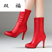 杨-幂同款女靴秋冬季欧美细跟短靴女高跟踝靴两穿马丁靴红色婚鞋