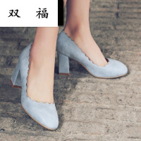 秋季新款浅口方头套脚单鞋女大码40粗跟4142女鞋43小码33米白色32订做尺码不退换