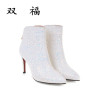 韩版公主白色尖头短靴秋冬伴娘鞋婚纱鞋细跟中跟及踝靴礼服单靴子