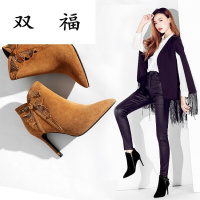 短靴女2017新款秋冬季真皮短靴时尚尖头细超高跟鞋水钻蝴蝶结靴子