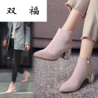 真皮中跟粗跟短靴尖头马丁靴女羊皮高跟靴秋冬女靴子裸靴单靴棉靴