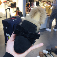 女鞋2017秋冬新款圆头绒面蝴蝶结平底包头毛毛半拖鞋黑色