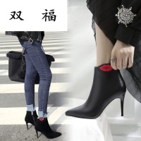 真皮细跟女短靴秋冬靴子单靴棉靴尖头高跟鞋裸靴刺绣嘴唇马丁靴