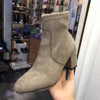 女鞋绒面圆头侧拉链粗高跟短靴2017秋新款马丁靴米eige