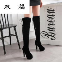 高跟高筒靴女靴子秋冬季粗跟侧拉链骑士靴防水台中筒靴黑红色长靴