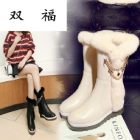 2017冬新款兔毛加绒雪地靴女厚底中筒靴内增高真皮短靴低跟女靴子